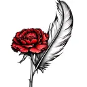 A Feather bending round the stem of a red carnation flower tattoo design idea