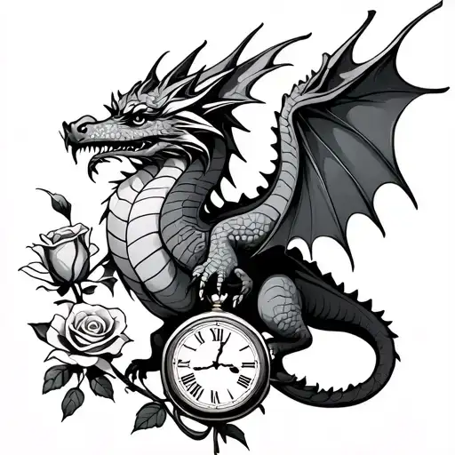 Welsh Dragon, holding a rose intertwined with a clock tattoo design idea