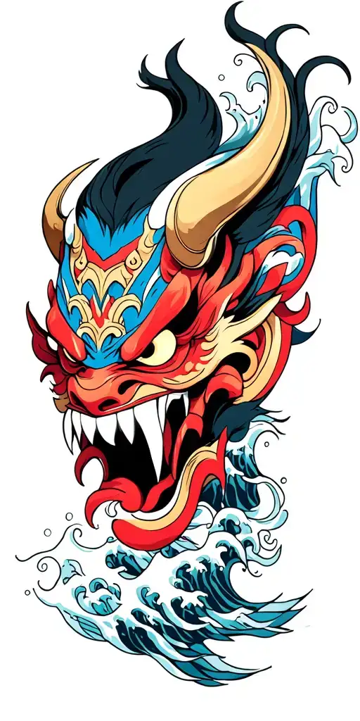 oni demon mask, finger waves crashing tattoo design idea