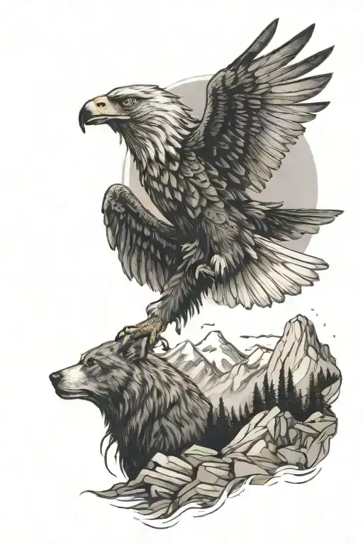 A tattoo of an eagle flying in the sky with sparkling eyes, a wolf on a mountain cliff howling, and below, a bear roarin tattoo design idea