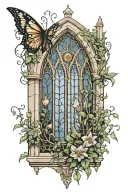 a gothic cathedral window with vines growing from it and spider lillies blooming at the bottom.  tattoo design idea