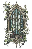 a gothic cathedral window with vines growing from it and spider lillies blooming at the bottom.  tattoo design idea
