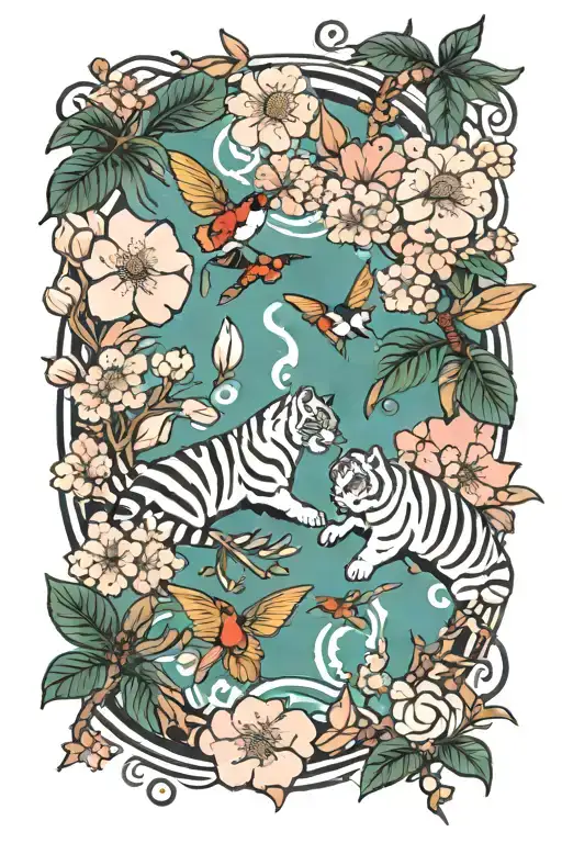 California Flowers, Cherry blossoms and  hummingbirds and white Tiger and water around with trees tattoo design idea