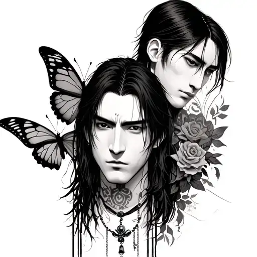gothic Asian man with waist long hair, butterflies and rosary's  tattoo design idea
