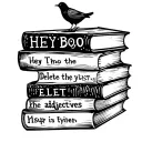 to kill a mocking bird inspired stack of 5 books stacked include words 'Hey Boo' and ' delete the adjectives' tattoo design idea