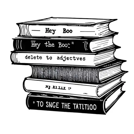 to kill a mocking bird inspired stack of 5 books stacked include words 'Hey Boo' and ' delete the adjectives' tattoo design idea