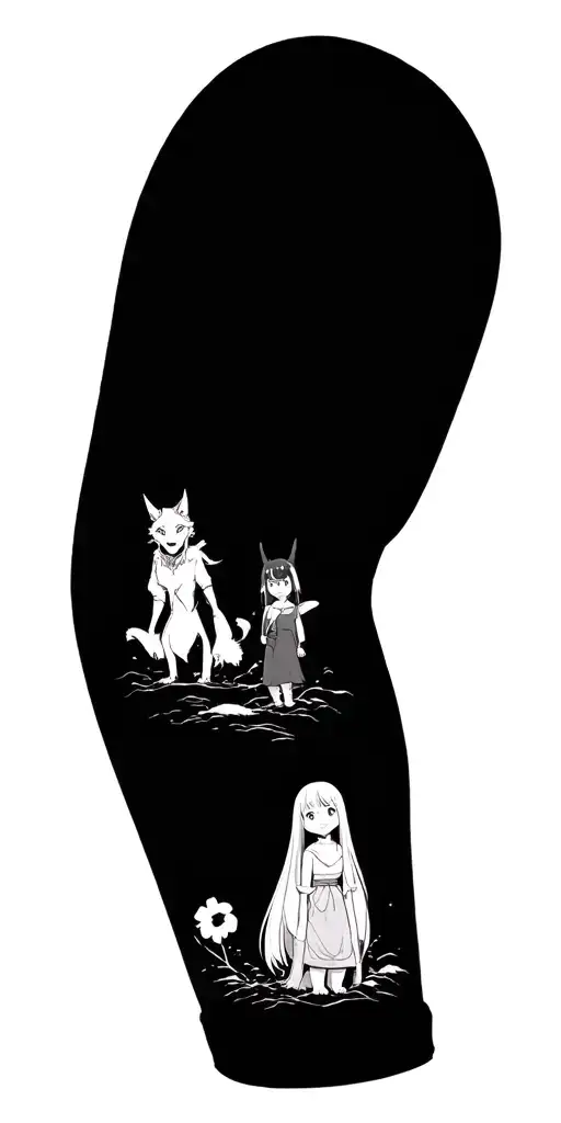 full arm sleeve featuring studio ghibli characters from princess mononoke, howls moving castle, and spirited away tattoo design idea