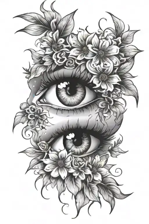 eyes with flowers and windbar tattoo design idea