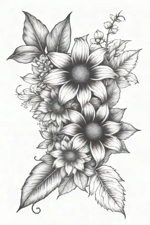 forearm color tattoo. flowers. black eyed susan, tulip, dahlia, leaves tattoo design idea