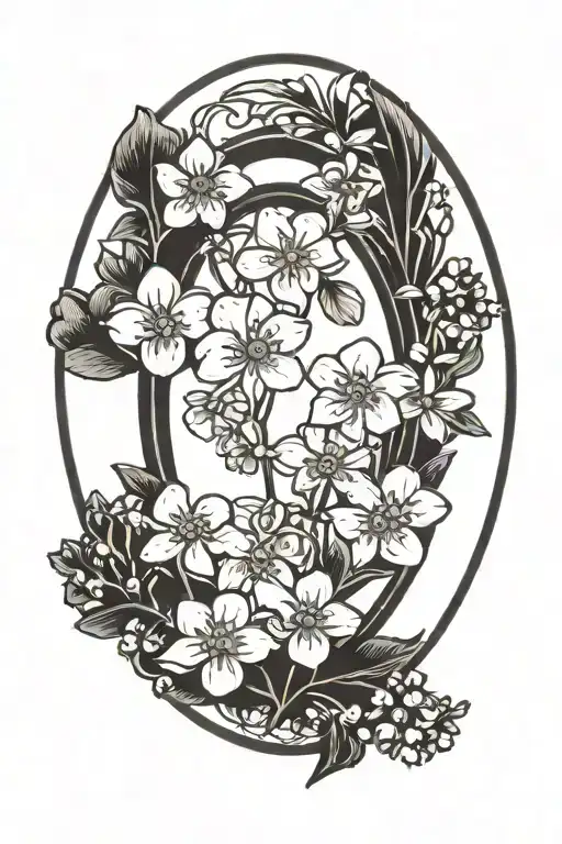 an oval mirror with forget me not flowers, drawn in a woodcut style, all black, detailed with crisp lines tattoo design idea