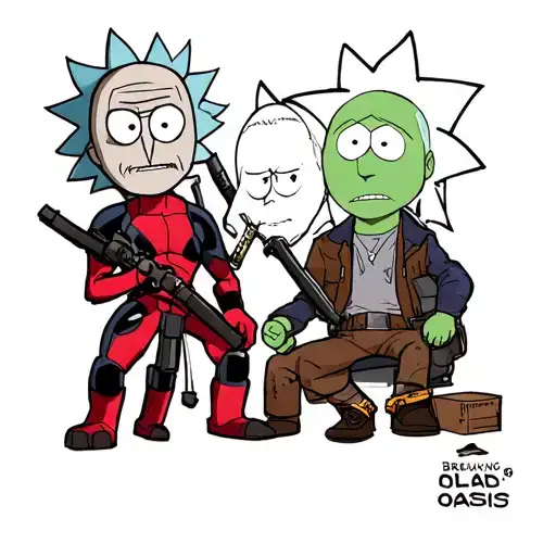 Cartoon and realism. including deadpool, rick and morty, south park, Breaking bad and oasis tattoo design idea