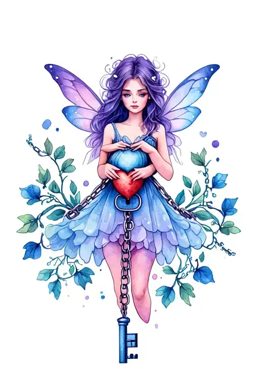 fairy holding key to my heart, chains with padlock, sweet pea vines tattoo design idea