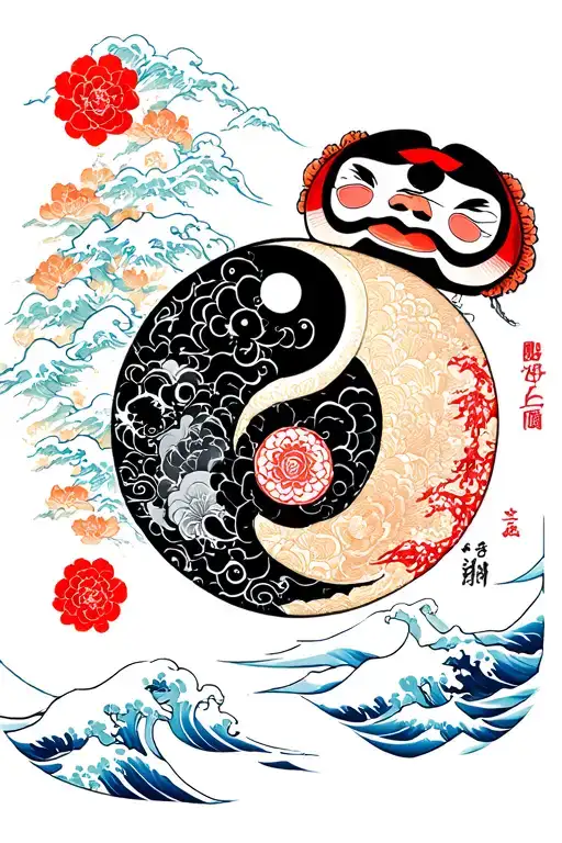ying yang and daruma doll and wave tattoo design idea