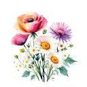 wildflower bouquet with rose, poppy, daisy, and aster tattoo design idea