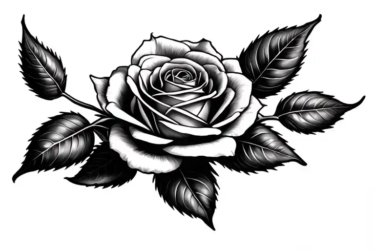 black and grey tattoo, single rose, detailed petals, shaded leaves, realistic style, 3-4 inches, soft shading, elegant tattoo design idea