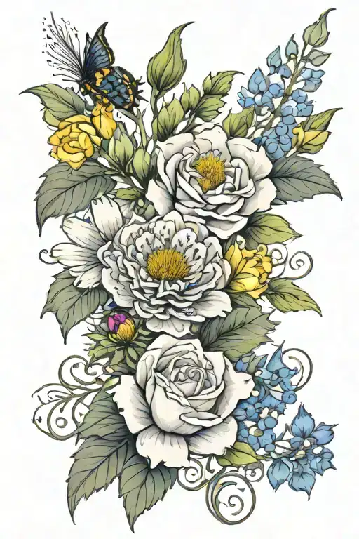 Design a floral tattoo with thistle, roses, cornflowers, shamrock flowers, dafodil  and lily of the valley tattoo design idea