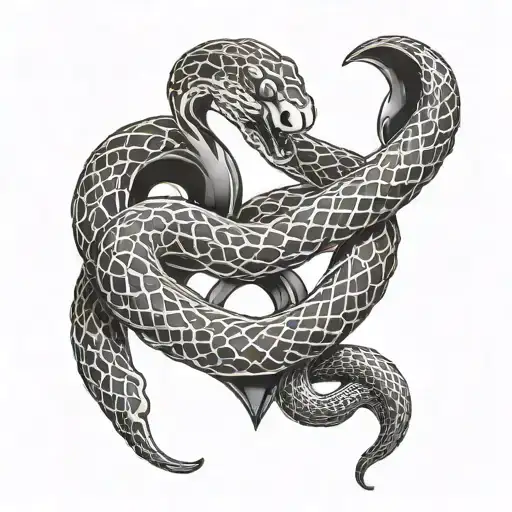 snake, coiled around a heart that bites the heart and heart that crumbles at the bite site tattoo design idea