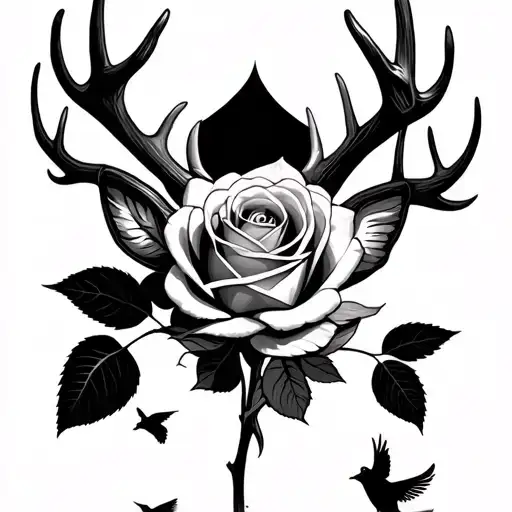 A rose losing its petals in a draft below it light deer antlers on each side birds flying below its deer antlers on the  tattoo design idea