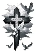 the three crosses with clouds and doves flying tattoo design idea