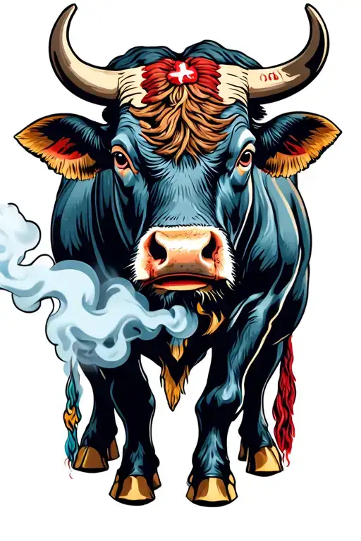american trad bull in crouched position with smoke from nose tattoo design idea