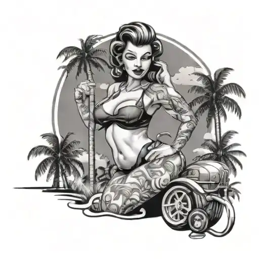 pin up in bikini with 2 palmtrees realisim style black and grey with tattoos on thighs tattoo design idea