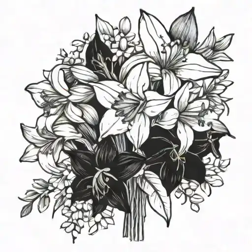 medium size bouquet of marygold,daffodil,lily of the valey, and honeysuckle  tattoo design idea