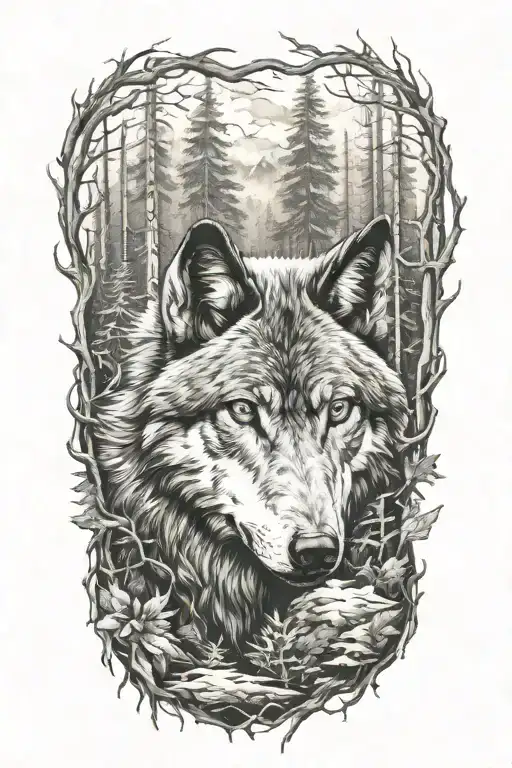 wolf transition from cub to adult in forest tattoo design idea