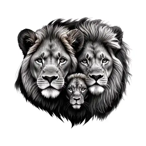 lion, lioness, two cubs face only tattoo design idea