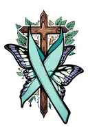 Cerebral palsy awareness ribbon entwined within a butterfly and a catholic cross with western cowgirl, equine background tattoo design idea