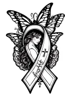 Cerebral palsy awareness ribbon entwined within a butterfly and a catholic cross with western cowgirl, equine background tattoo design idea