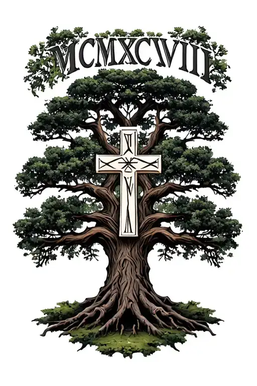 "MCMXCVIII " "MCMXCVIII " Oak tree with roman numerals witha orthodox cross tattoo design idea