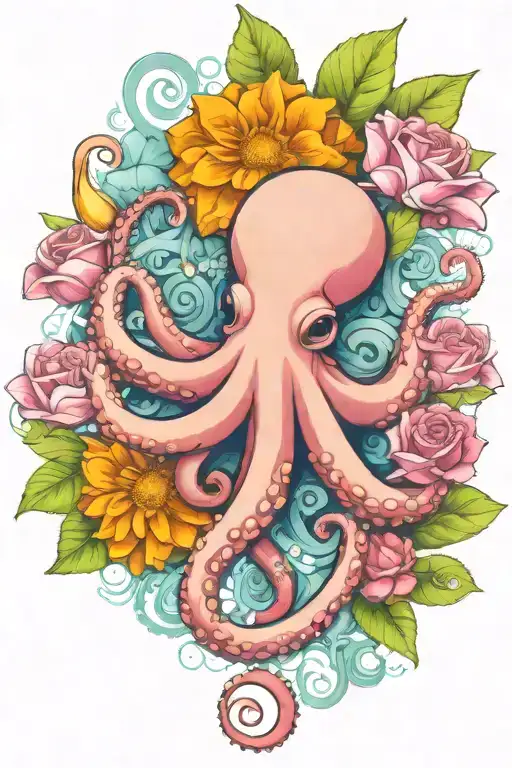 octopus, snowdrop, rose,  marigold flower tattoo design idea