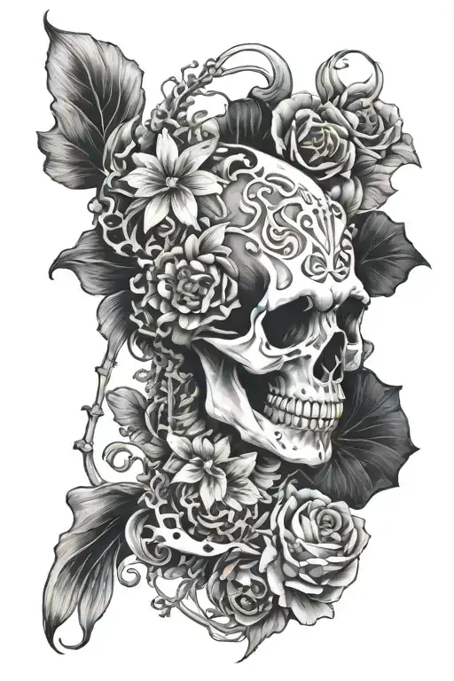 walleye ball skeleton and flowers tattoo design idea