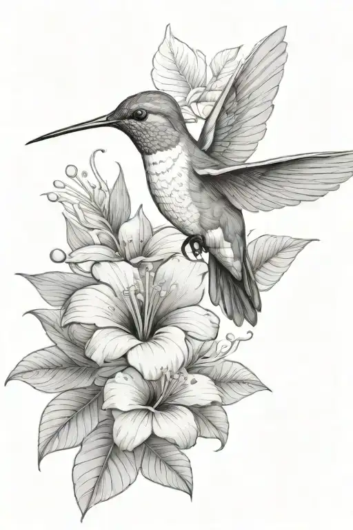 hummingbird with hibiscus and tropical leaves tattoo design idea