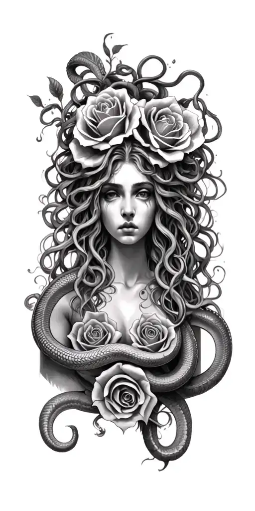 medusa sleeve with snakes and roses brazilion style  tattoo design idea