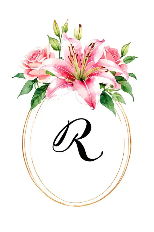 an oval of pink lillies and roses with a black simple cursive r in the center  tattoo design idea