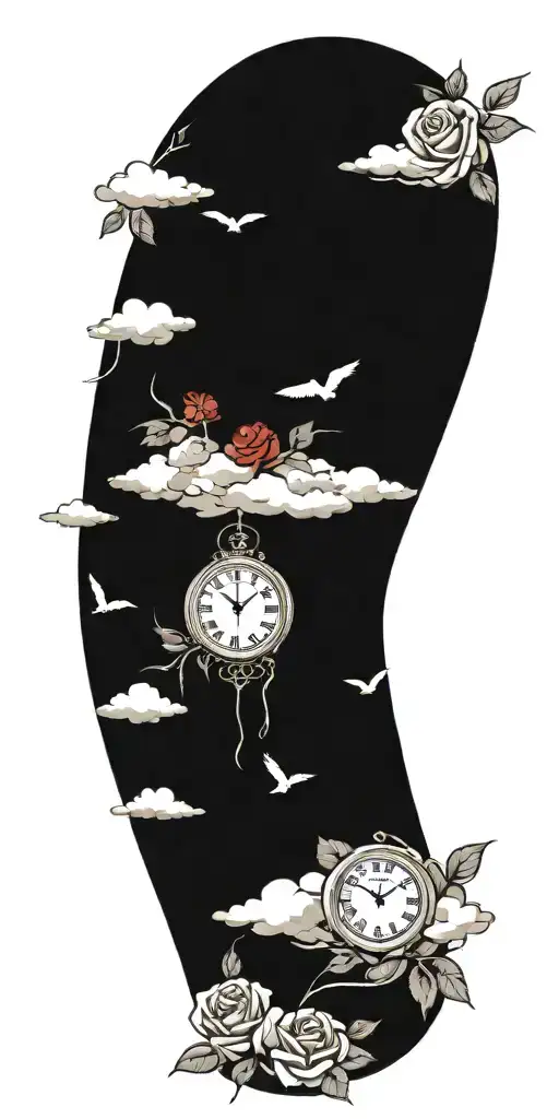 clouds with roses and clock with footprint  tattoo design idea