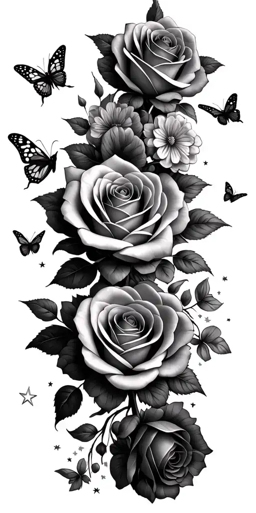 Multiple roses and violets with butterflies flying and fluttering. With twinkle stars placed sporadically and a mandela  tattoo design idea