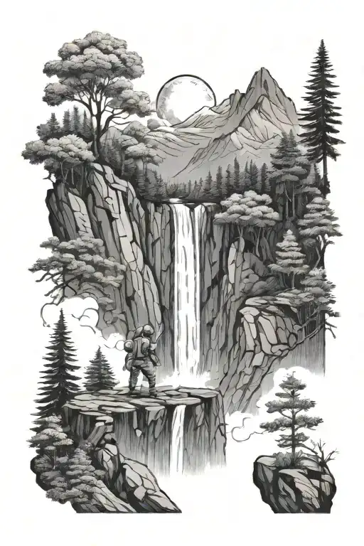 forest on mountains with waterfall, with outer space above and a astronaut  tattoo design idea