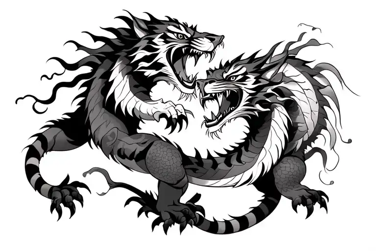 tiger and dragon japonese fighting for an sphefere. tattoo design idea