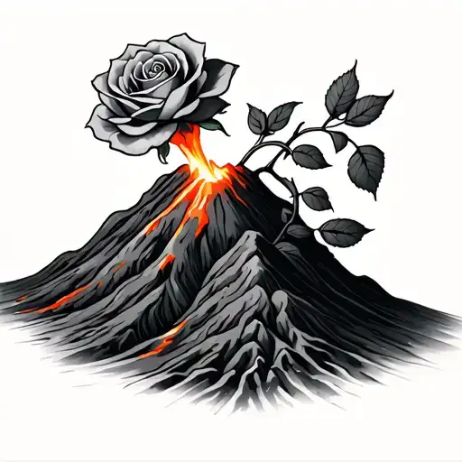 volcano at the end of the eruption with a rose growing tattoo design idea