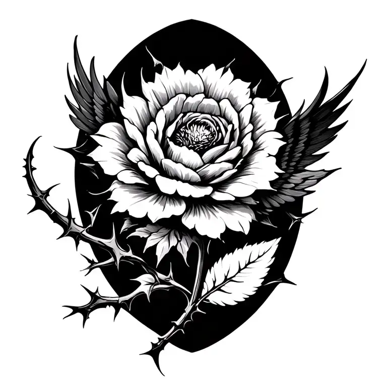 A flower that is protected by thorns and strong thorns around the flowers make something bloody with the combination of a bird's wing stretched to the back of the shoulder. tattoo design idea
