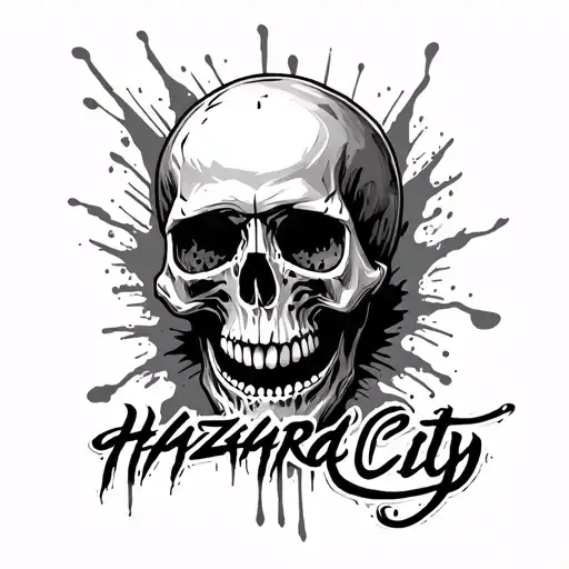 Create a tattoo with Blood skull and write "Hazard City" 2000s Style tattoo design idea