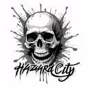 Create a tattoo with Blood skull and write "Hazard City" 2000s Style tattoo design idea