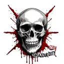Create a tattoo with Blood skull and write "Hazard City" 2000s Style tattoo design idea