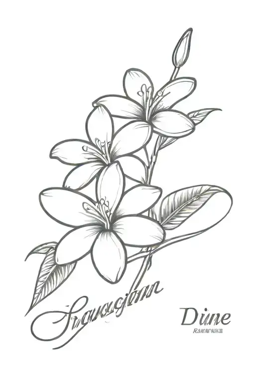 frangipani fine line art tattoo design featuring flower stem and name Dianne in cursive tattoo design idea