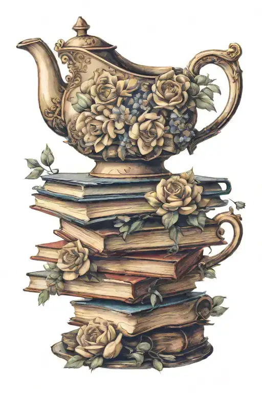 teapot pouring flowers into a teacup on a stack of books, open book beside and florals all around in muted earthy colour tattoo design idea
