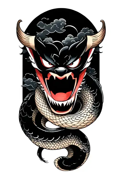 a Japanese traditional tattoo of a large  snake and a black oni mask with black clouds filling in the rest  from shou tattoo design idea