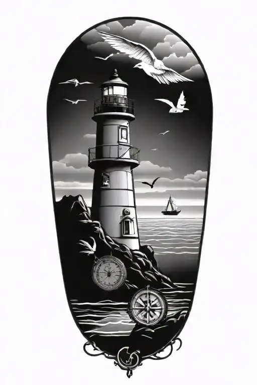 lighthouse, compass, heart, calm ocean, seagull tattoo design idea