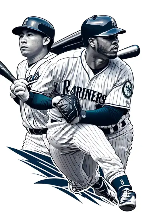 a seattle mariners inspired design featuring cal Raleigh, Ichiro Suzuki, Felix Hernandez and ken griffey jr tattoo design idea